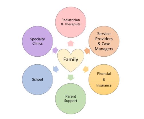 Heart with text "Family" surrounded by circles of professionals